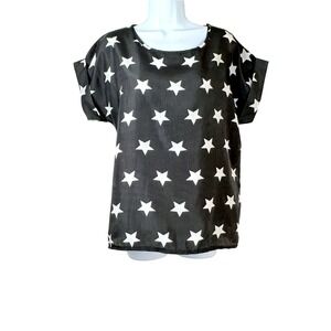 Livagirl Women XL Black‎ White Star Print Cuffed Short Sleeve Blouse Top NWT